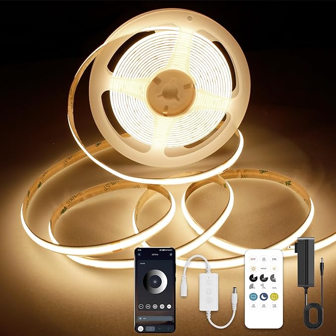 COB LED Strip Lights with RF Remote, 24V 32.8ft Warm White Dimmable LED Light Strips, High Bright 3000K LED Lights with Power Supply for Room, Kitchen, DIY Home Decoration
