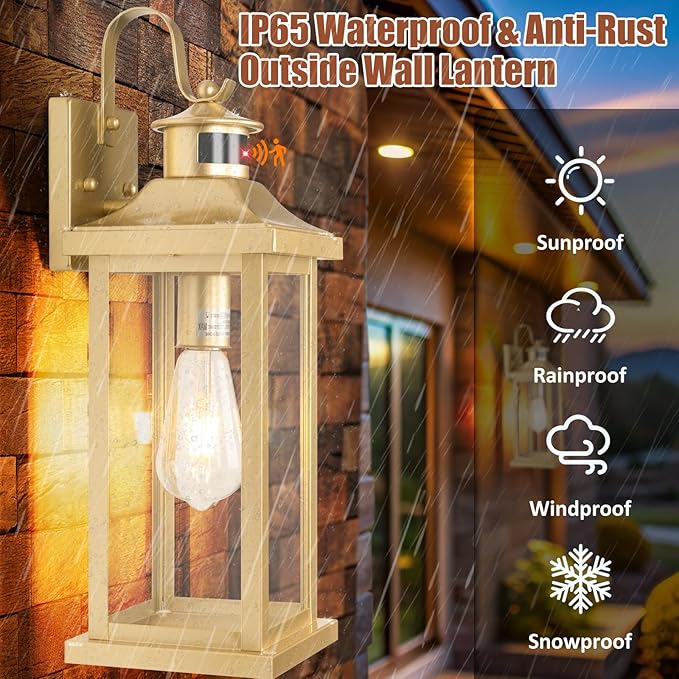 2-Pack Gold Dusk to Dawn Motion Sensor Lights 18 Inch, Large Outdoor Light Fixtures IP65 Waterproof Anti-Rust Brass Outside Lights for House Photocell Modern Exterior Lanterns Wall Mounted