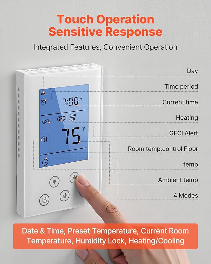 VEVOR 7-Day Programmable Thermostat, Home Thermostats for Radiant Underfloor Heating Cable,Heat Pump, Built-in GFCI & Sensitive Sensor, LED Screen with Backlight,Energy-Efficient,White