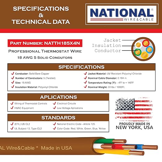 18/5 50Ft. NATIONAL Wire&Cable Thermostat Doorbell HVAC Heating Control Professional Cable Wire - Made in USA - 100% Solid Copper Conductors, CL2 ETL Listed, Low Voltage Applications Use