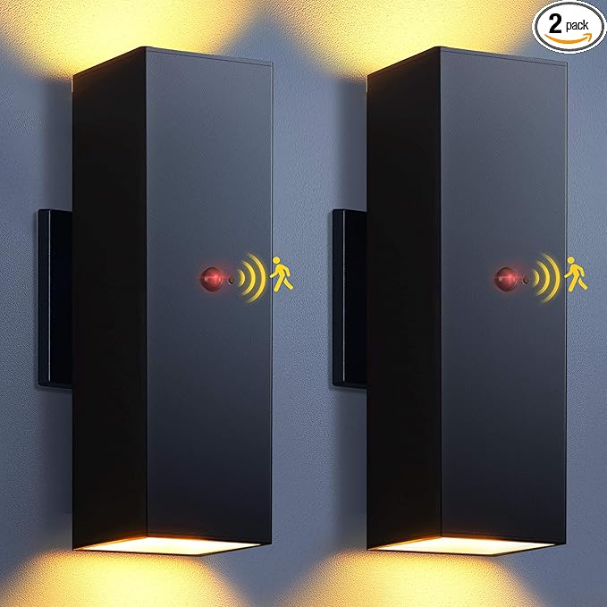 KIZON Motion Sensor Outdoor Lights 2 Pack, Dusk to Dawn Outdoor Lighting Porch Lights, Matte Black Exterior Lighting Fixtures with E26 Base, Waterproof Motion Detector Lights for Outside