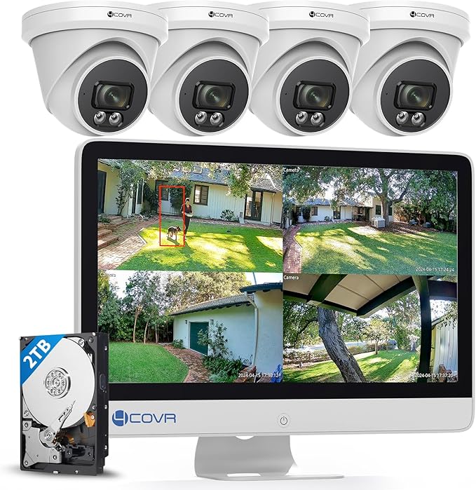 4COVR PoE Wired Security Camera System with Monitor, 8CH 8MP H.265 Ultra HD NVR with Screen Pre-Installed 2TB HDD, 4Pcs IR Dome Wired 5MP IP Camera IP67, Person Vehicle Detection, LY97SA5MU804