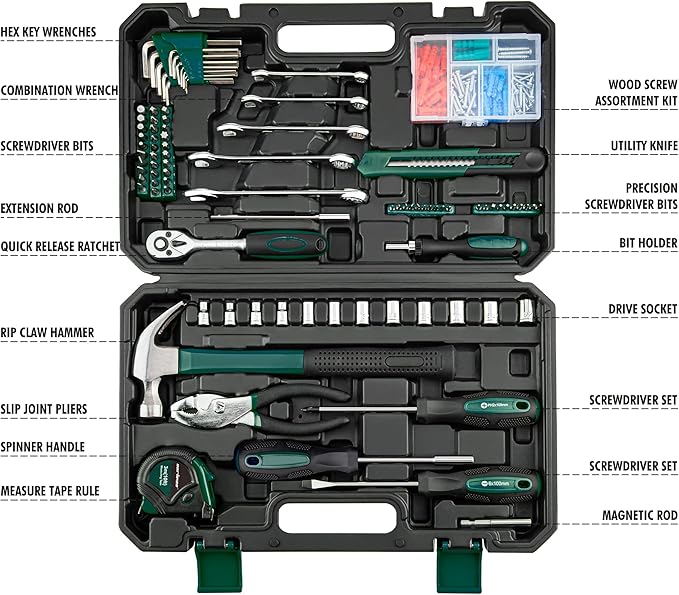 CARTMAN 180-Piece Socket Wrench Auto Repair Tool Combination Package Mixed Tool Set Hand Tool Kit with Plastic Toolbox Storage Case Green