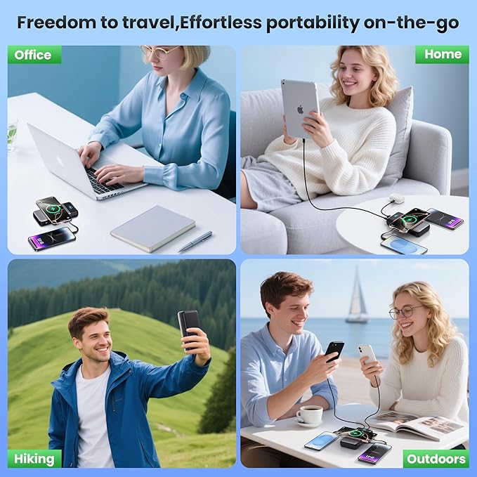 Wireless Portable Charger 40800mAh with Built-in Cables, 15W Wireless Charging USB C Power Bank, 25W PD QC 4.0 5 Outputs TFT LCD Display Battery Pack for iPhone 16/15/14/13/12, Samsung, Android etc