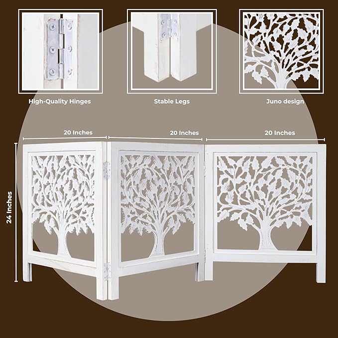 Foldable Wooden Dog Gate 3 Panel 24" Height x 60" Wide Tree Design, Free Standing Pet Fence for Doorways, Indoor Decorative Dog Gate for House, Extra Wide White Puppy Barrier,Pre-Assembled, Easy Setup