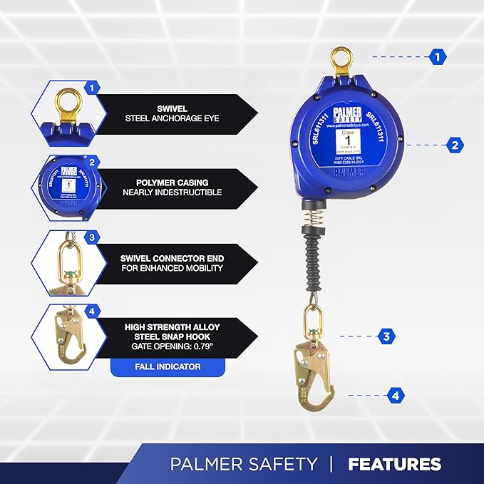 Palmer Safety SRD 20 FT. Self Retracting Lifeline I ANSI Z359.14-2021 Class 1 I SRL Device Swivel Top Galvanized Cable w/Small Steel Snap Hook I Fall Arrest Safety Yoyo