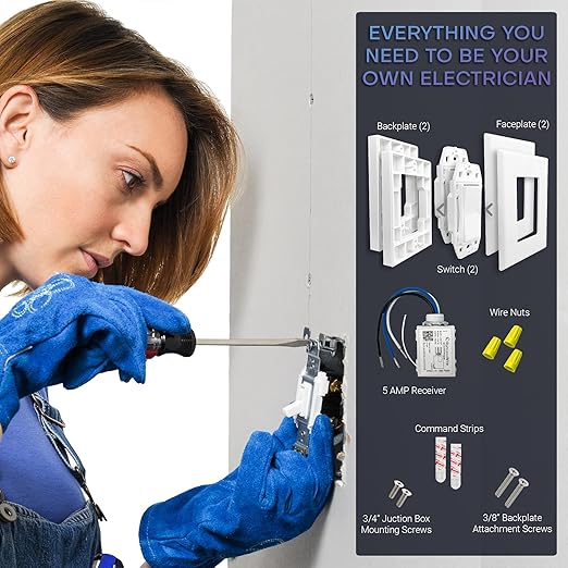 RunLessWire 3-Way Battery-Free DIY Wireless Light Switch Kit 150ft RF Range Self-Powered by Kinetic Energy for Hallways & Stairways: 2 Remote Switches Control 1 5A On/Off Receiver – White