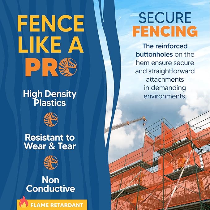 Fire Retardant Debris Safety Netting (8.6' x 150' - Orange) - High Visibility Construction & Scaffolding & Railing & Elevator Netting for Enhanced Safety - Construction Fencing