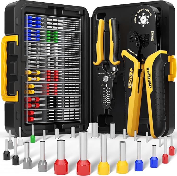 Ferrule Crimping Tool Kit, Ratchet Pliers for 24-8 AWG with 24 Types Insulated and Non-Insulated Ferrules, Hexagon Ferrule Crimper, Wire Ferrules Kit, Crimping Pliers set with Wire Strippers