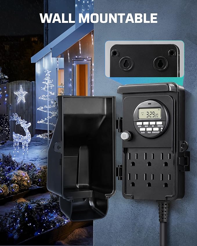 DEWENWILS Outdoor Digital Power Strip Timer, Outdoor Multi Socket Timer, Waterproof 6 Outlet Garden Power Stake, 6ft Cord, Outdoor Timer for Halloween/Christmas Lights, Yard, Garden, 15A Heavy Duty