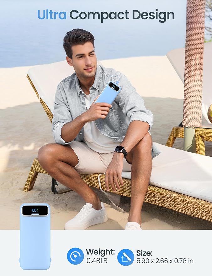 12000mAh Lightweight-Portable-Charger-Power-Bank with Built-in Cables and AC Wall Plug, PD20W USB-C Fast Charging Battery Pack, LED Display External Travel Phone Charger for All iPhone,Samsung,Android