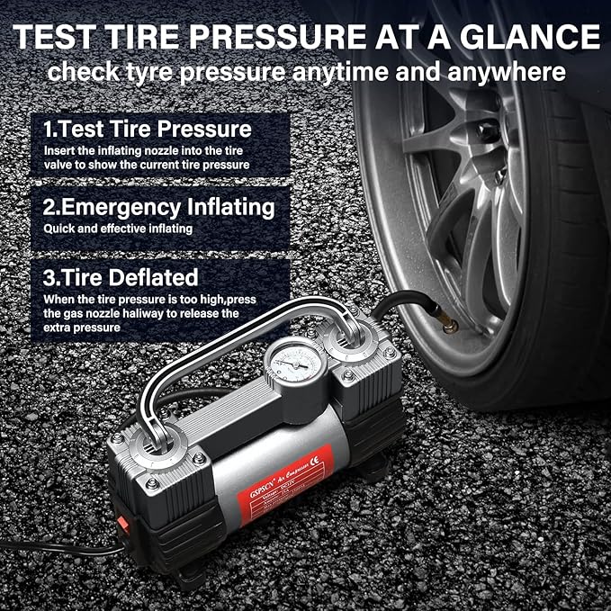 GSPSCN Tire Inflator Heavy Duty Double Cylinders, Portable Metal DC 12V Air Compressor - Car Accessories, 150PSI Tire Pump with Adapter for Car, Truck, SUV Tires, Dinghy, Air Bed etc (Titanium)