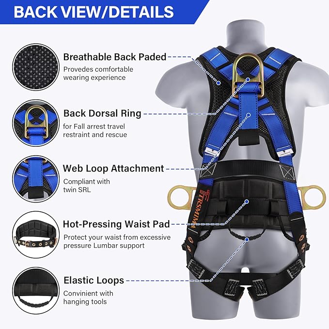Trsmima Safety Harness Fall Protection - Roof Full Body Harness Men Construction Work Belt Tongue & Quick Connected Buckle