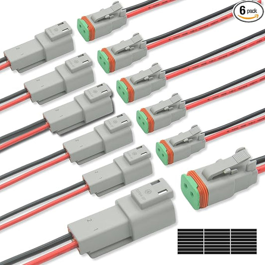 DT 2 Pin Connector Kit Waterproof Electrical Connector 16 AWG Male and Female Automotive Wire Connectors for Car Truck Boat, Dt Connector 6 Sets (2 Pin 6 Sets)