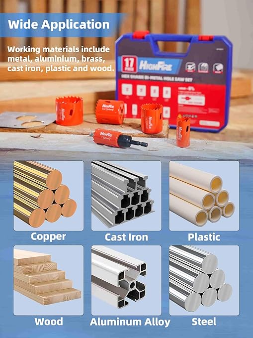 HIGHFIRE 17 Pcs 1/4" Hex Shank Hole Saw Kit for Impact Driver, 3/4" to 2" Bi-Metal Heavy Duty Hole Cutter for Metal, Wood and Plastic, Smooth and Precise, Fast Chip Removal.