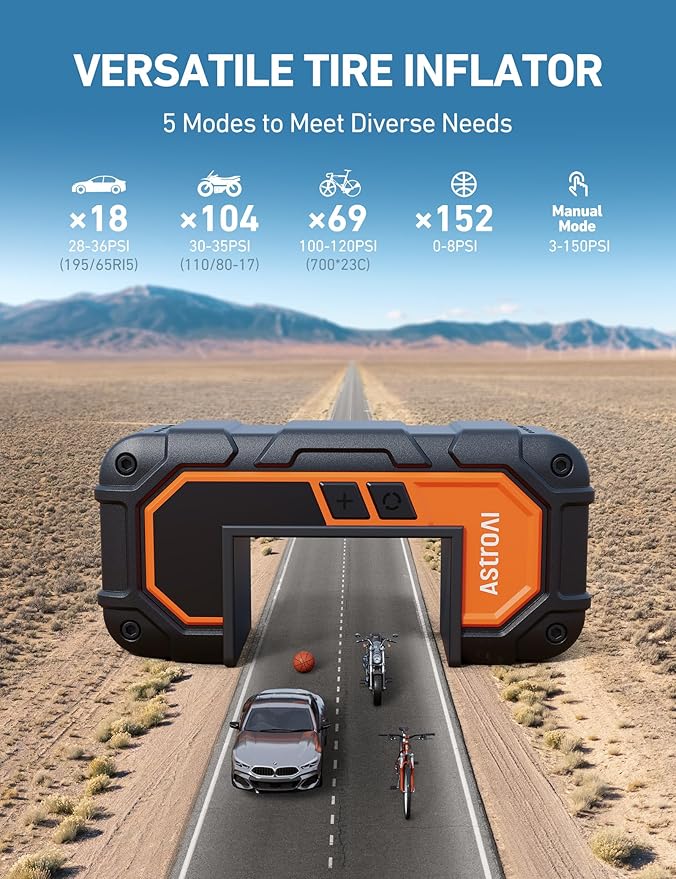 AstroAI S8 Air Nano Jump Starter with Air Compressor, 1500A Peak Car Battery Jump Starter Portable (6.0 Gas/3.0L Diesel) with 150PSI Auto-Shutoff Tire Inflator, 12V Battery Charger Booster(Orange)