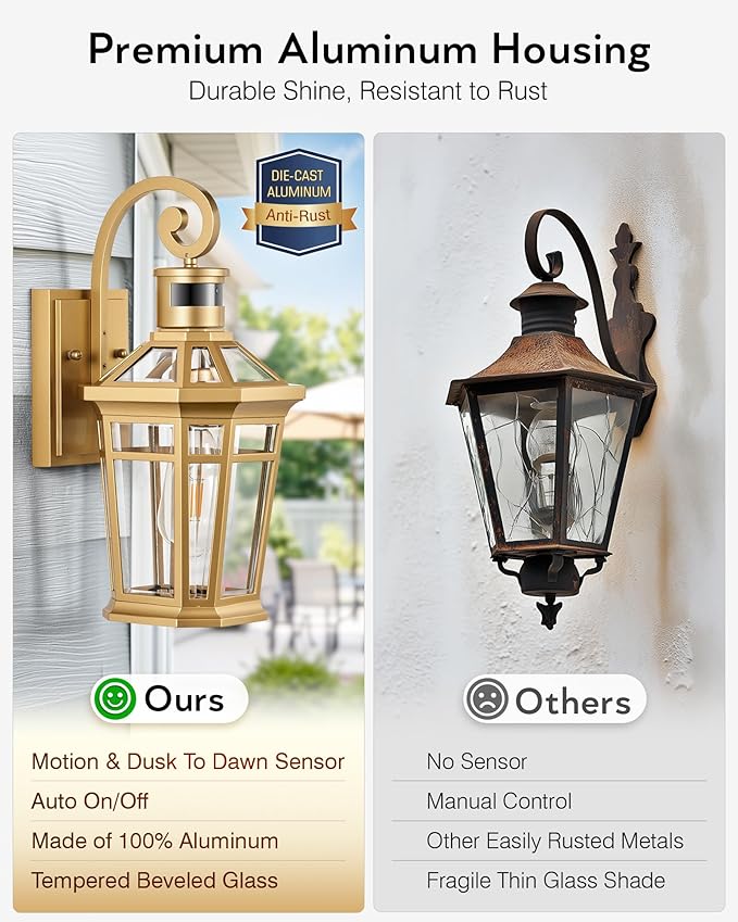 Motion Sensor Front Porch Light, Gold Outdoor Light Fixture Wall Mount, Outdoor Wall Lantern Sconce Light with Beveled Glass, Waterproof Carriage Lights Exterior, Coach Lights for Garage, Patio