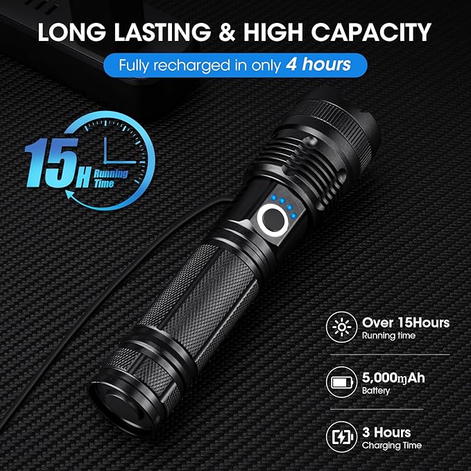 Rechargeable 90,000 High Lumens Flashlights - 3 Pack Super Bright LED Flash Light for Home with 5 Modes, Powerful Waterproof Handheld Flashlight for Camping Emergencies (L-3P)