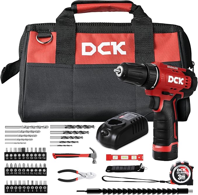 DCK Brushless Drill Set, 310 in.lbs，12V Max Cordless Drill with 2.0Ah Battery, 3/8’’ Keyless Chuck, 2 Variable Speeds, 20+1 Torque Power Tool Kit for Screw Wood/Ceramic/Tile/Metal KDJZ23-10