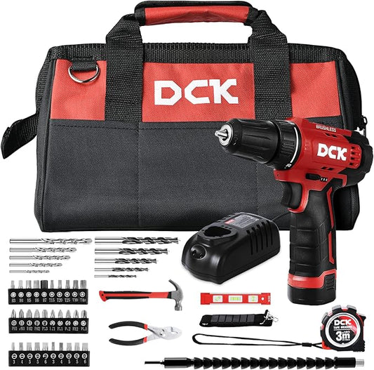 DCK Brushless Drill Set, 310 in.lbs，12V Max Cordless Drill with 2.0Ah Battery, 3/8’’ Keyless Chuck, 2 Variable Speeds, 20+1 Torque Power Tool Kit for Screw Wood/Ceramic/Tile/Metal KDJZ23-10