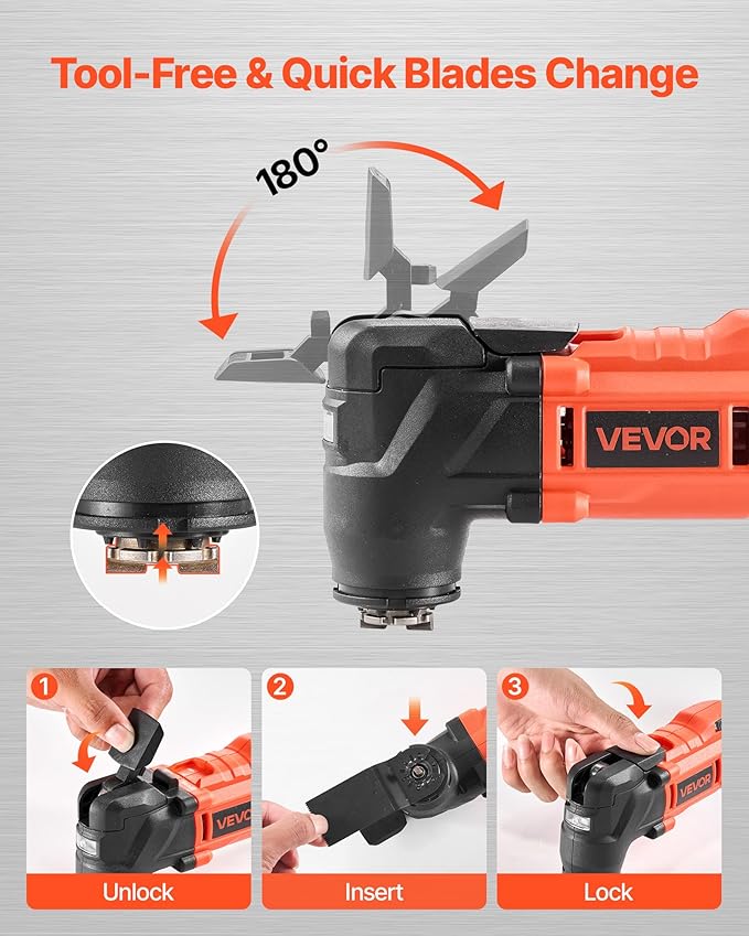 VEVOR Cordless Oscillating Tool, 20V Oscillating Multi Tool Kit with 6 Variable Speeds 8500-17000 OPM, 3.2° Oscillation Angle, 2.0Ah Battery Pack & Charger, 12PCS Saw Accessories & LED Work Light