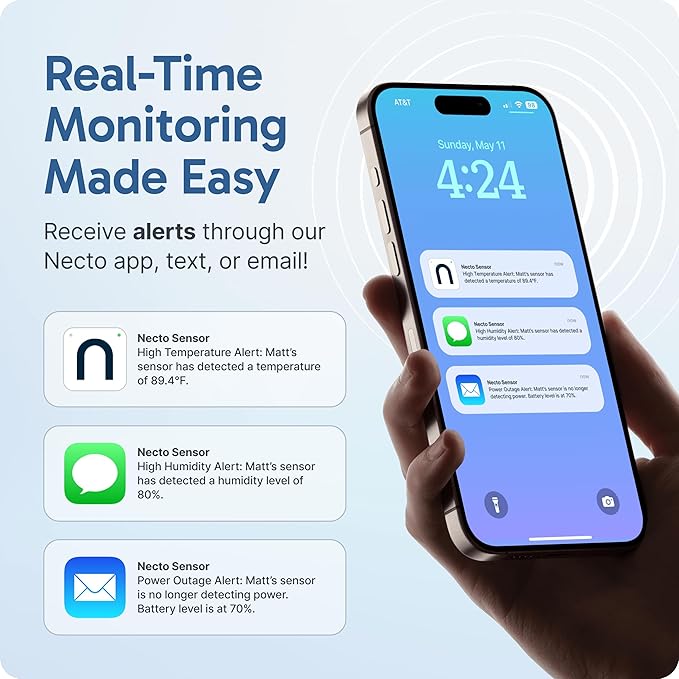 Necto RV Pet Temperature Monitor - No WiFi Required - Remote Power Outage & Temp Sensor with App Alerts. Cellular Monitoring System for Car, Home Safety & Server Room (Subscription Required)