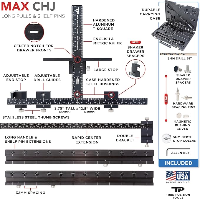 True Position Tools MAX Cabinet Hardware Jig - Install Long Pulls and Shelf Pin Holes - Made in USA - Hand Calibrated