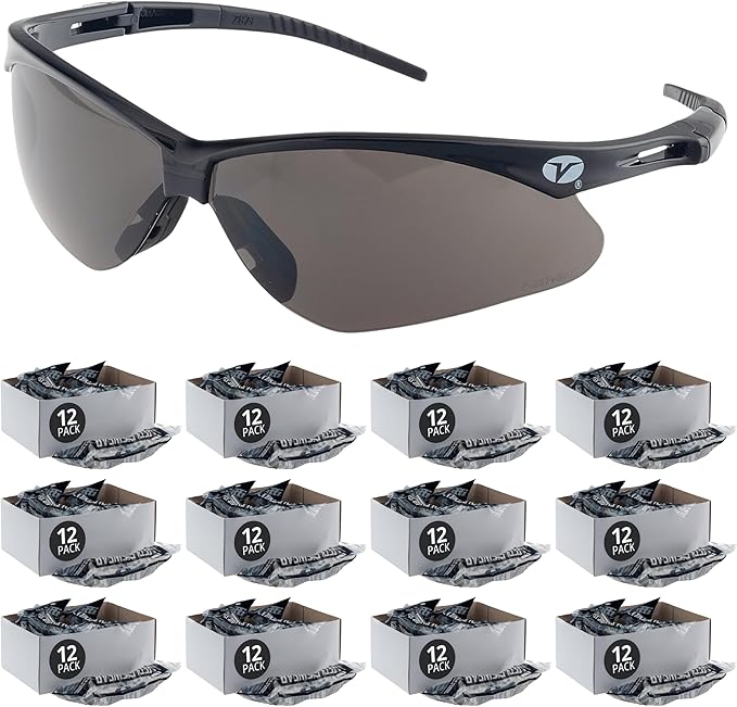 Veratti V1023N Safety Glasses, Gray Anti-Scratch Lens, ANSI Z87.1, Removable Strap, Black Frame, Impact Resistant