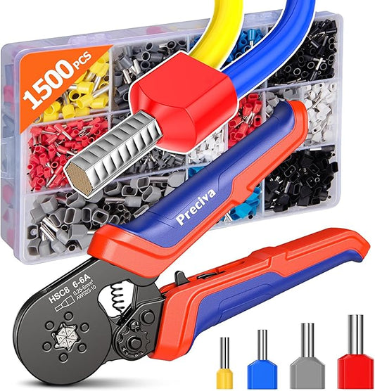 Ferrule Crimping Tool Kit, Preciva Upgrade Double & Single Ferrules Connectors of 1500PCS, Hexagonal Sawtooth Self-Adjustable Ratchet AWG23-10 (0.25-6mm²) Wire Terminals Crimper Kit