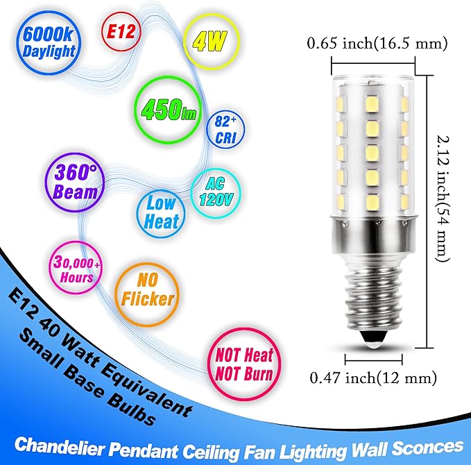 E12 40 Watt Equivalent LED Bulbs 6000K Daylight White 450lm 4W 120V LED Candelabra Bulb with T6 C7 E12 Small Base for Wall Sconces Pendant Chandelier Ceiling Fan Lighting, Non-Dimmable, 4 Pack
