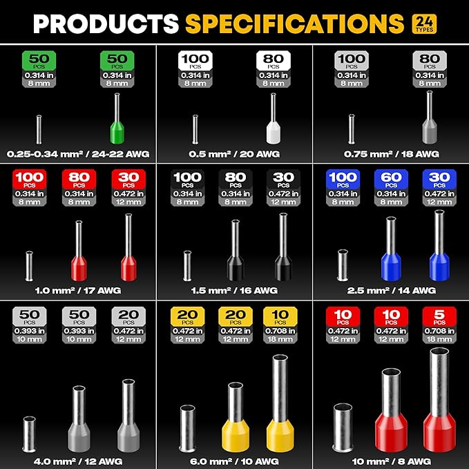 Ferrule Crimping Tool Kit, Ratchet Pliers for 24-8 AWG with 24 Types Insulated and Non-Insulated Ferrules, Hexagon Ferrule Crimper, Wire Ferrules Kit, Crimping Pliers set with Wire Strippers