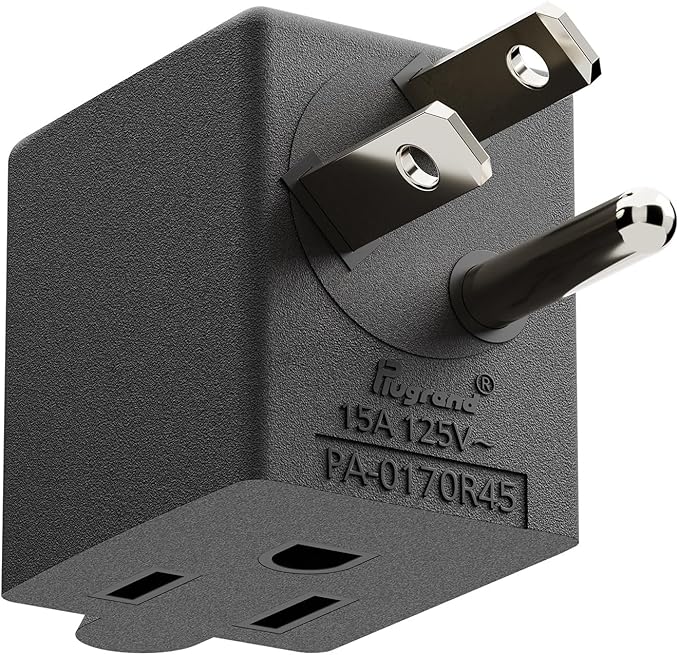 90 Degree Right Angle USA 3-Prong Male-Female Adapter, 5-15P to 5-15R, Black