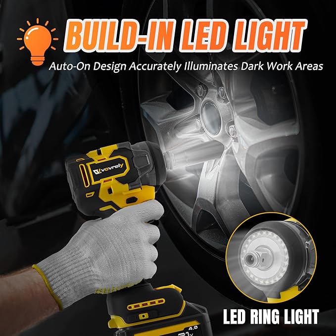 Cordless Impact Wrench 480 Ft-lbs(650N.m) High Torque 1/2 Inch, 3300RPM Brushless Electric Impact Gun, 2 * 4.0Ah Battery 4 Sockets 19 Drill Bits, 3 In 1 Impact Wrench for Car Home DIY