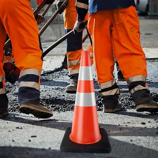 Traffic Cones 28 inch PVC Orange 8 Pack Heavy Duty Black Base Construction with Reflective Collars Fit Parking Lot,Driveway Road Traffic Control Safety Cones