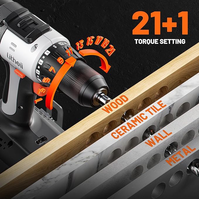 Litheli Cordless Drill Driver, Electric Power Drill with 2 Variable Speed Settings, 1/2 Inch Keyless Chuck, 21+1 Clutch Settings with Maximum Torque of 443 In-lbs (Battery and Charger not Included)
