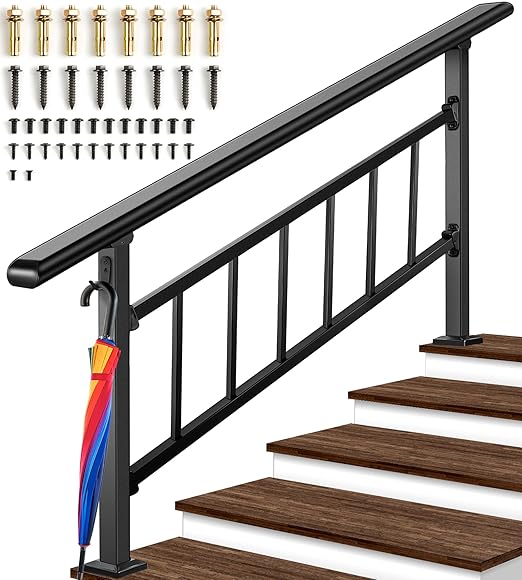 Updated Handrails for Outdoor Steps, 4-5 Steps Wrought Iron Stair Railing with Fence, Flexible Exterior Hand Railing for Concrete or Wooden Stairs, Black Transitional Handrails with Installation Kit