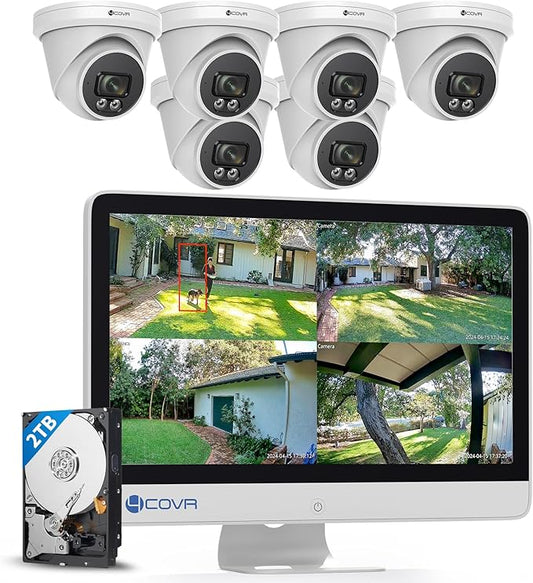 4COVR PoE NVR Security Camera System with Monitor, AI Human/Vehicle Detection, 8CH 8MP NVR with Monitor Pre-Installed 2TB HDD, 6X 5MP Wired Dome IP Home Camera IP67 Night Vision, LY97SA5MU806