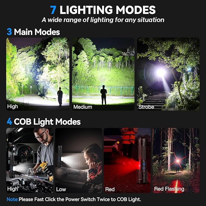 Flashlight Rechargeable 90,000 High Lumen - 2 Pack LED Flash Light with COB, 7 Modes Powerful Handheld Flashlight for Home, Camping (2)