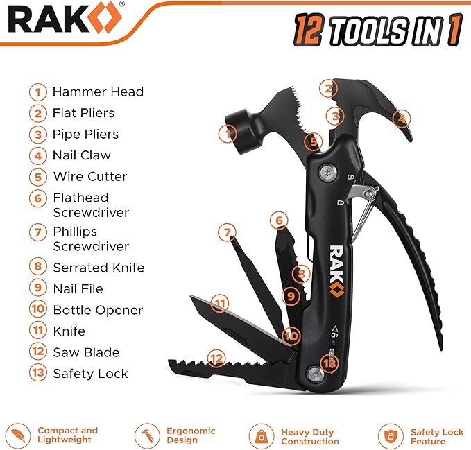 RAK Hammer Multitool BirthdayGifts for Men - Cool Unique Gifts Who Have Everything - Compact DIY Survival Multi Tool - Backpacking & Camping Accessories - Gadget Gifts