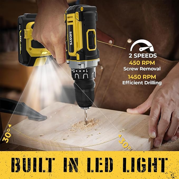 SIDSYS 21V Max Cordless Electric Drill Set, 3/8" Keyless Chuck Power Drill 17+1 Torque, 2 Variable Speed, Built-In LED, Versatile Hand Drills for Wood Drilling/Screw Removal