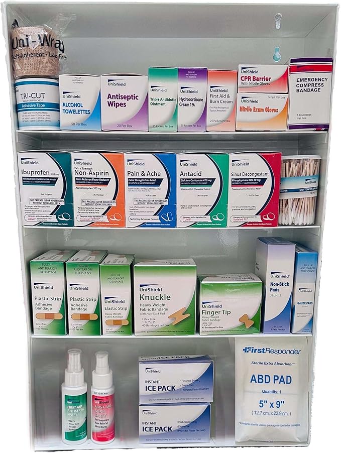 4-Shelf Restaurant Metal 1st Aid Cabinet Class B, Large Capacity First Aid Wall Mount Medicine Cabinet, Secure Metal Med Box with Easy Access, Exceeds OSHA/ANSI Z308.1 2015, Over 750 Pieces