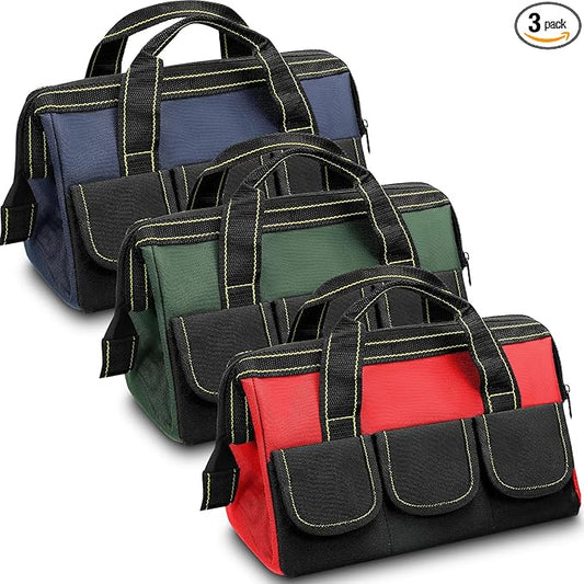 Sanwuta 3 Pack Tool Bag for Men with Waterproof Hard Bottom, Heavy Duty Tool Bag Wide Mouth Tote for Various Instrument, Electrician Carpenter Mechanic(16 Inch,Red, Army Green, Blue)