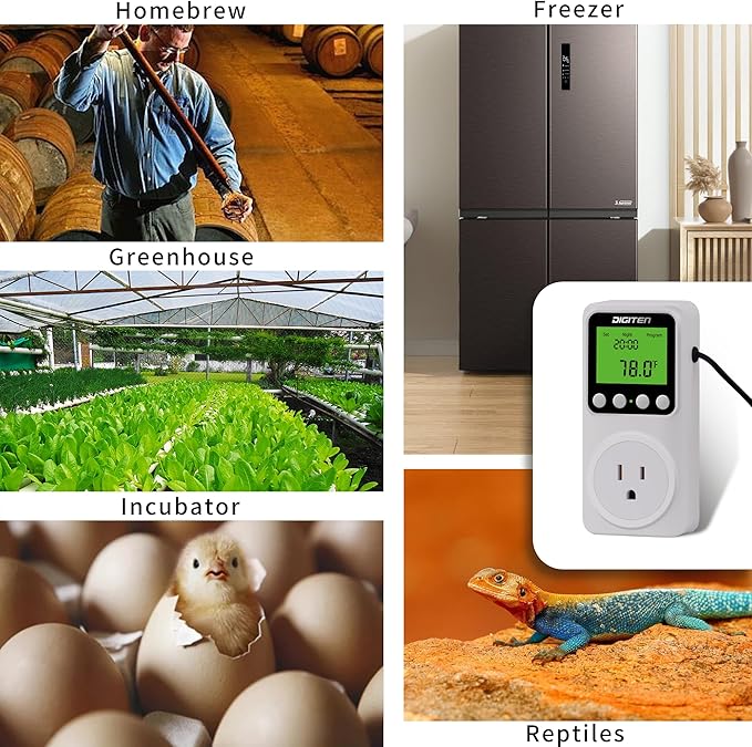 Timer Thermostat, Day-Night Temperature Controller, Clock Function, ℃/℉ Plug-in Outlet Timer Thermostat with LCD Screen Backlight Function 110V 15A