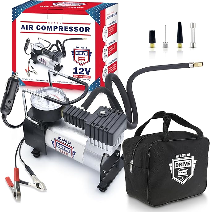 Tire Inflator Portable Air Compressor – 12V DC Air Pump for Car Tires, 150 PSI Electric Air Pump with Tyre Pressure Gauge – Corded Silver by WE LOVE TO DRIVE