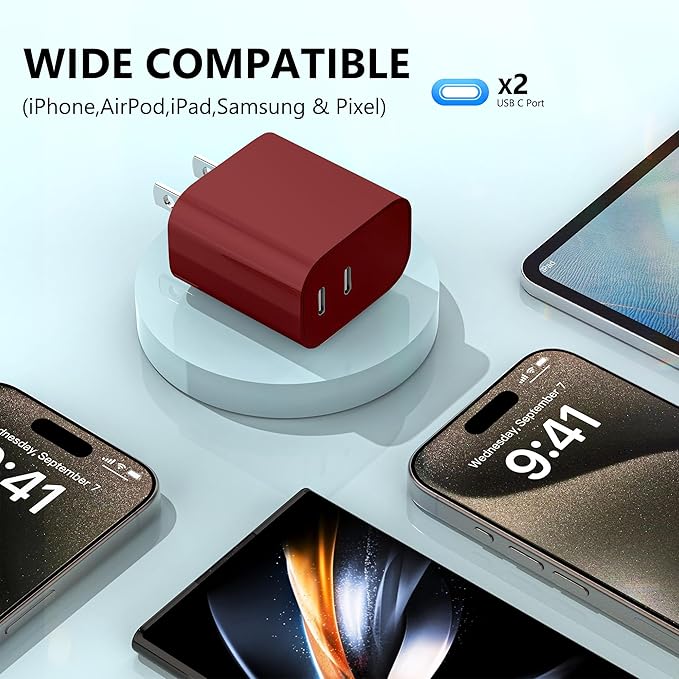 USB C Charger,Dual Port USB C Fast Charging Block，Type C Wall Charger Plug for iPhone 16/15/14/13/12/11/ Pro Max/Plus/Xs Max/XR/X,iPad Pro/Samsung Galaxy(20W)