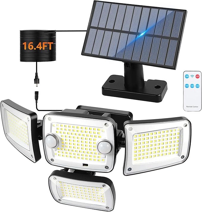 Solar Outdoor Lights, Motion Sensor Security Lights with Remote Control, 3000LM 4 Heads LED Flood Lights, IP65 Waterproof Wall Lights for Patios, Streets, Driveway and Outside Yard