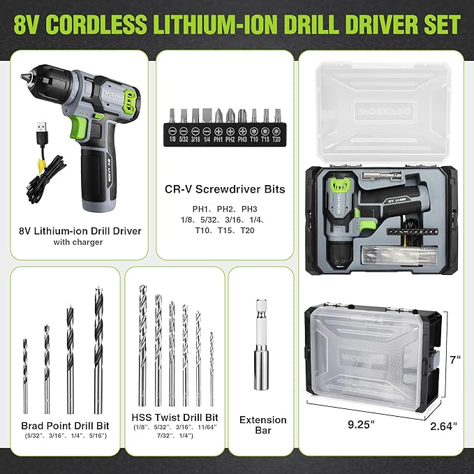 WORKPRO Power Drill Set with Stackable Tool Box, 8V Cordless Drill Driver and Bit Set, 2.0Ah Electric Cordless Screwdriver Kit with 3/8" Keyless Chuck, For Home Repair, DIY