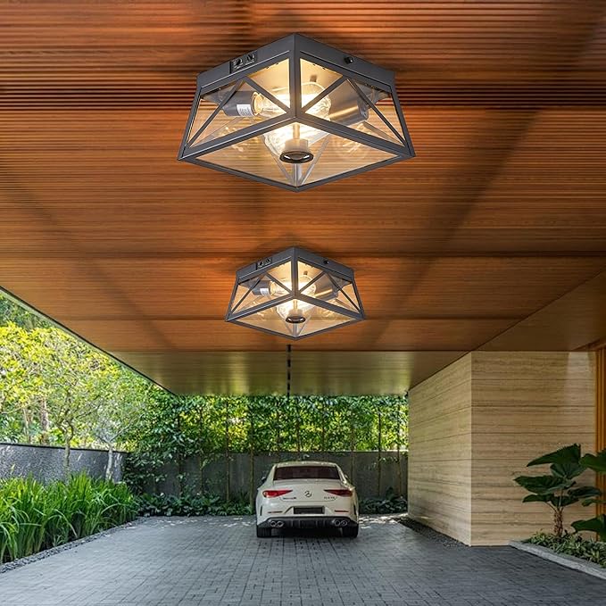 Adjustable Outdoor Motion Sensor Ceiling Light,10" Modern Industrial Design of Squares Flush Mount 2-Light with Clear Glass for Your Porch,Garage,Patio,Hallway,Entryway