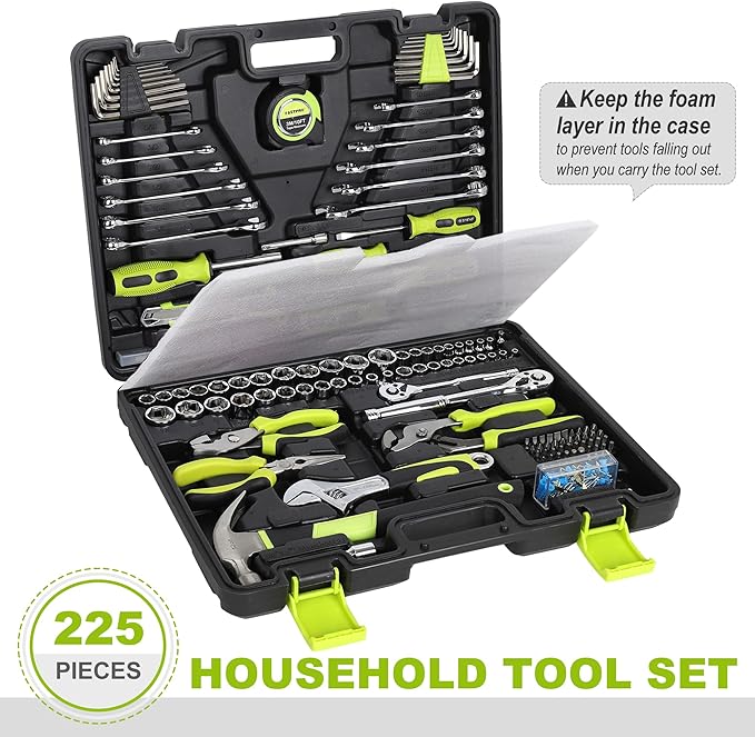 FASTPRO 225-Piece Household Tool Set, SAE & Metric Mechanics Hand Tool Set with Toolbox, Home/Auto Repairing Tool Kit for DIY, Home Maintenance and Car Repairing, Green