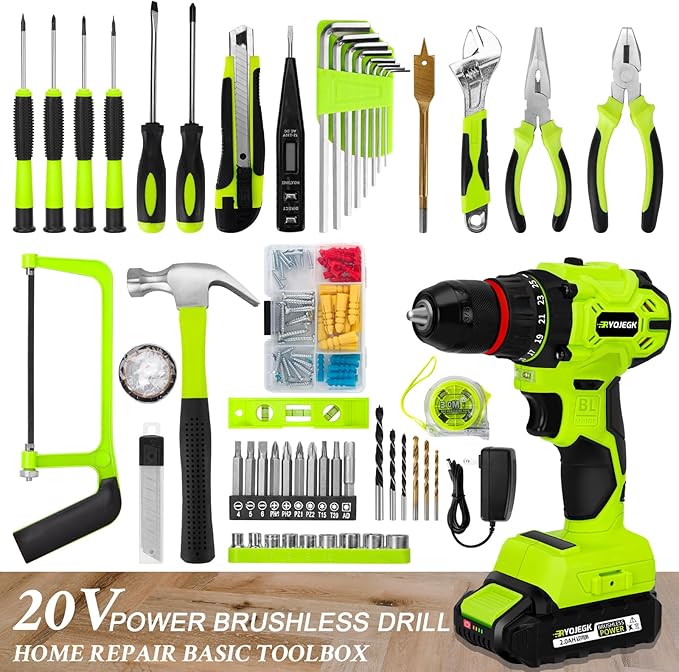 Home Tool Set with Brushless Drill, 20V 119PCS Cordless Drill Tool Box with Battery, Tool Kit with Drill for Men & Woman, 24+1 Keyless Metal Chuck Brushless Drill Set for Household Repair Kit